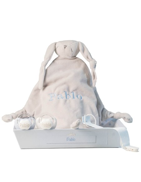 Pack Doudou y 2 chupetes personalizados con nombre del bebé con sujetachupetes azul