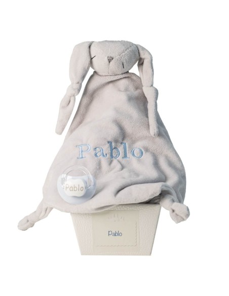 Doudou y chupete personalizado con el nombre del bebé azul