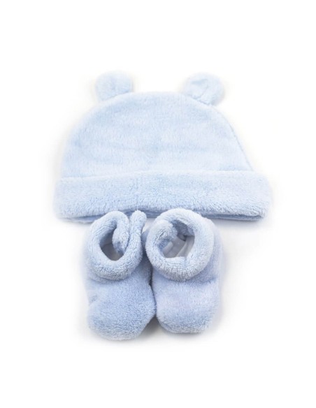 Canastilla Manta Bordada Oso Peluche y Conjunto Gorro y Calcetines Azul