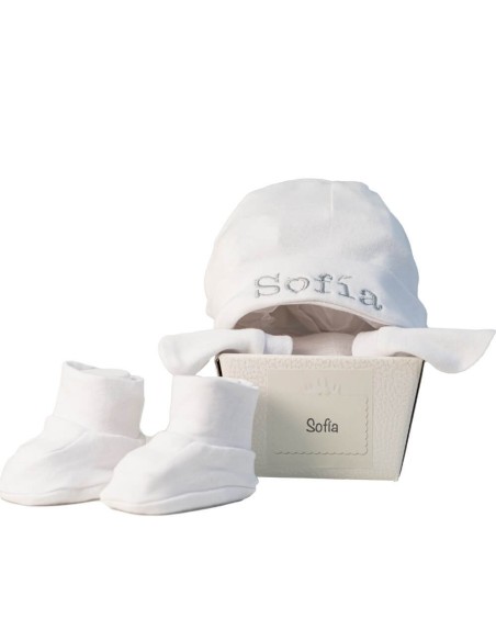 Conjunto patucos manoplas y gorro personalizado blanco